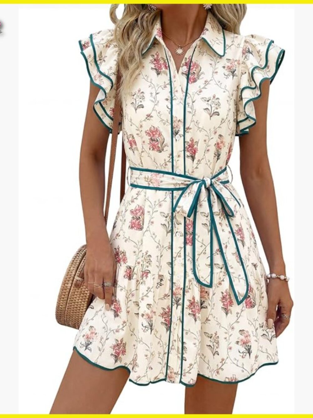 Boho Floral Mini Dress With Ruffle Sleeves Button Down V Neck Casual Summer
